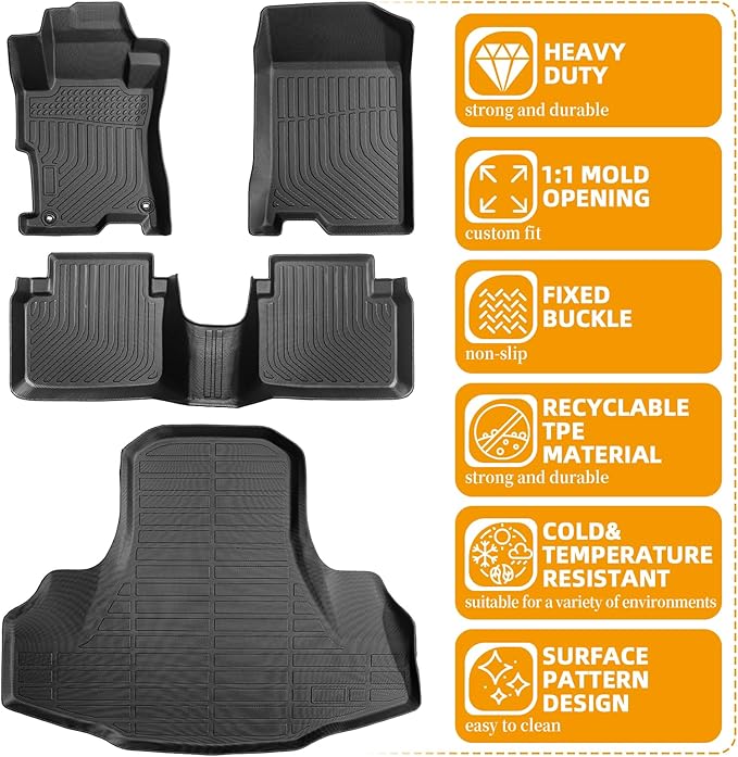 Floor Mats for Honda Accord 2008 2009 2010 2011 2012(ONLY Gas,NOT for Coupe), for Accord LX LX-S EX EX-L LX-P SE LX Premium Floor Mats, 1st & 2nd & Cargo Liner, TPE All Weather Protection Waterproof