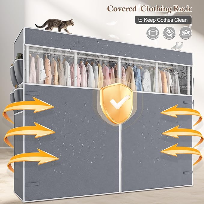 Raybee Clothes Rack with Cover,1100 LBS,Clothing Racks for Hanging Clothes Heavy Duty,Portable Closet with Shelves,Adjustable
