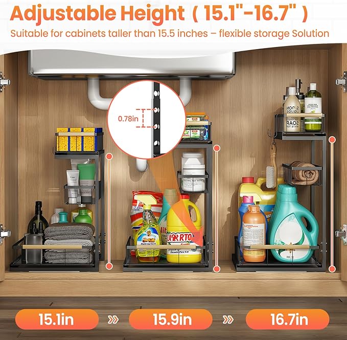Under Sink Organizer and Storage for Bathroom and Kitchen - 2 Pack 3 Tier Under Cabinet Pull Out Shelf Organizers - Slide Out