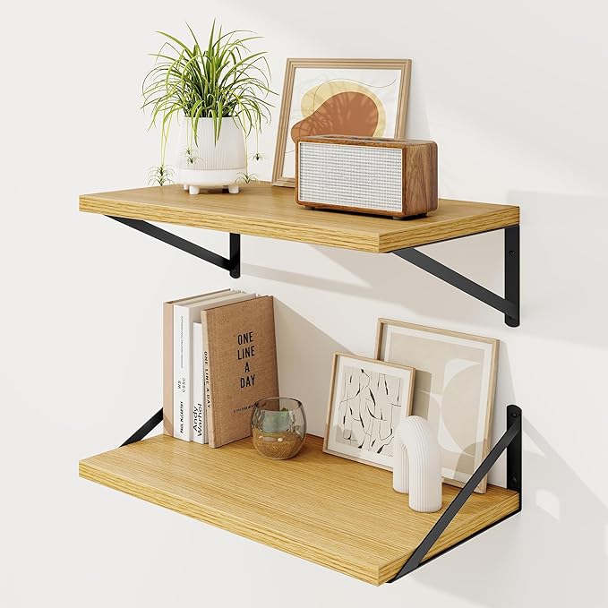 Floating Shelves, 24W x 12D Wall Shelves Set of 2, 12 Inch Deep Rustic Wood Wall Storage, Heavy Duty Metal Brackets, Large In