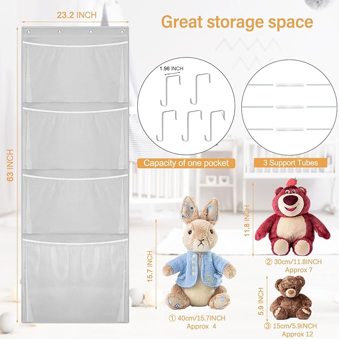 Woodoulogy Hanging Stuffed Animal Storage, Over Door Large Plush Toy Organizer with Metal Hook, Baby Accessory Holder Idea fo