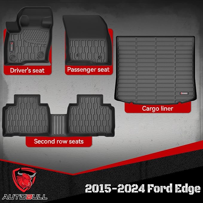 Floor Mats & Cargo Liner Compatible with 2015-2024 Ford Edge Cargo Mat, Full Set All Weather Protection 1st, 2nd Row Car Liners & Trunk Mat, Black