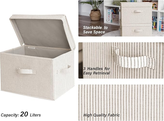 StorageWorks Fabric Storage Bins with Lid, Decorative Storage Boxes for Shelves, Stackable Closet Organizer Basket with Handl