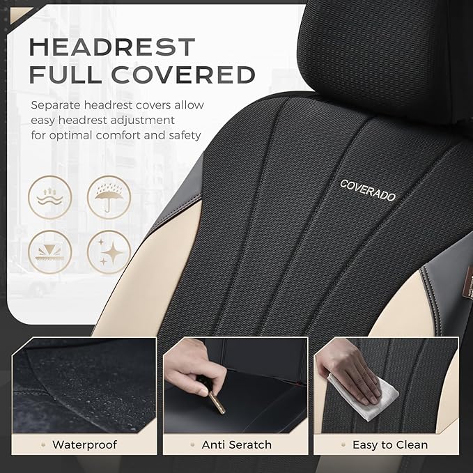 Coverado Automotive Seat Covers Front Seats, Luxury Car Seat Covers, Auto Seat Covers 2-Pack, Beige Driver Seat Protectors, U