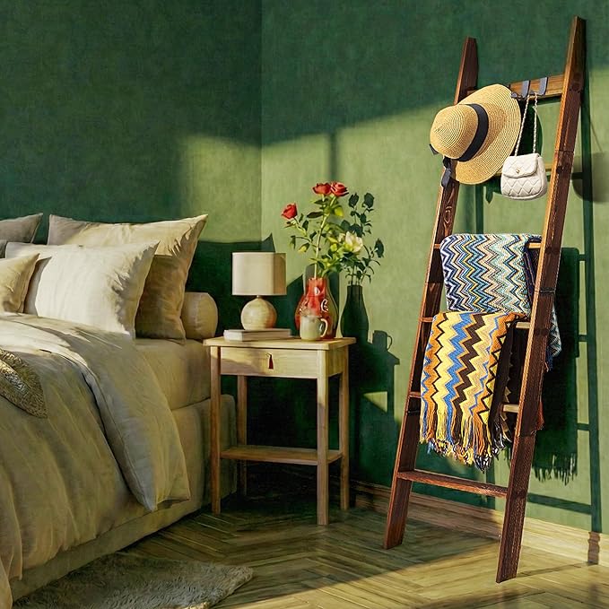 Decorative Wooden Blanket Ladder with Removable Hooks for The Living Room & Bedroom, Pine Wood, Easy Assembly 6-Tier Wall Lea