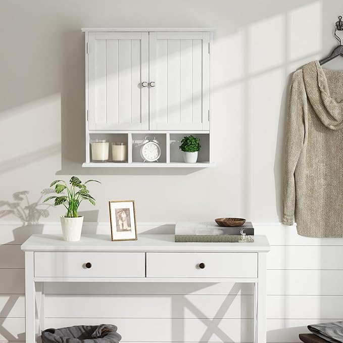 ChooChoo Bathroom Cabinet Wall Mounted 2-Door with 3 Open Shelves, Wooden Medicine Cabinets with Adjustable Shelf, Space Save