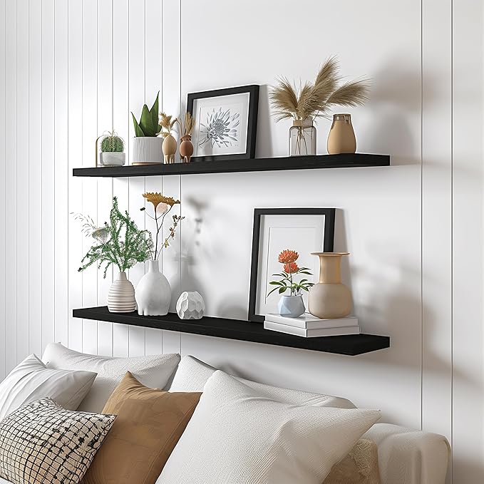 PHPH 48 Inch Wood Floating Shelves for Wall, Wooden Wall Shelves for Bedroom, Set of 4 Black