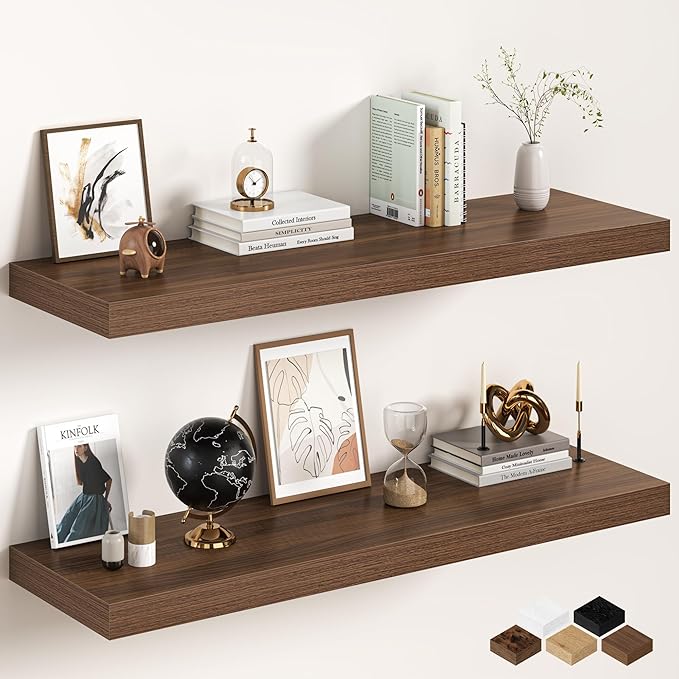Walnut Floating Shelves 48Inch Long, 12 Inch Deep Floating Shelves for Wall, 48 x 12 Large Floating Shelf for Fireplace Mante