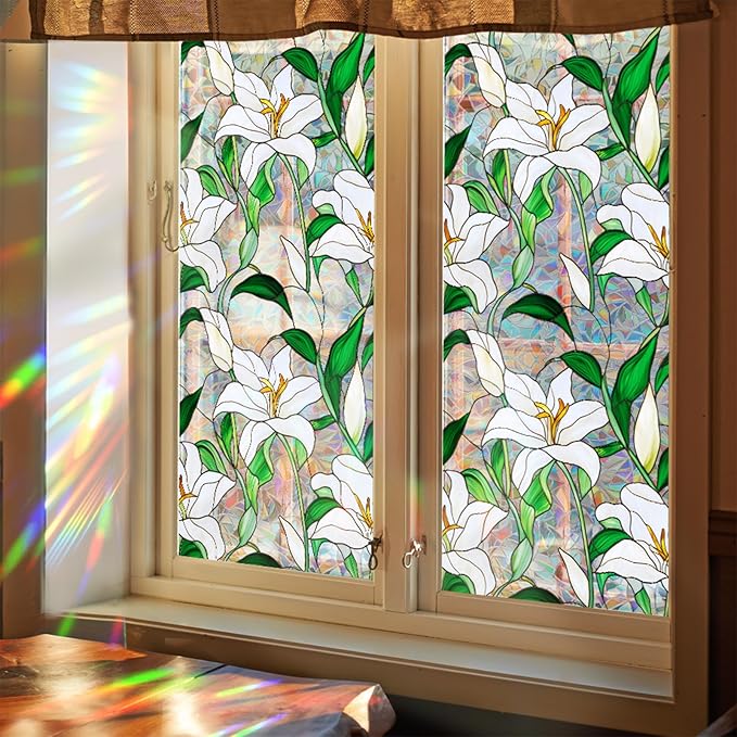 Niviy Window Privacy Film Lily White Flowers Stained Glass Window Film, Sun Protection Decals for Car Moonroof, Static Cling Rainbow Sticker Covering for Wedding Home Door (16.93 x 39.37inch)