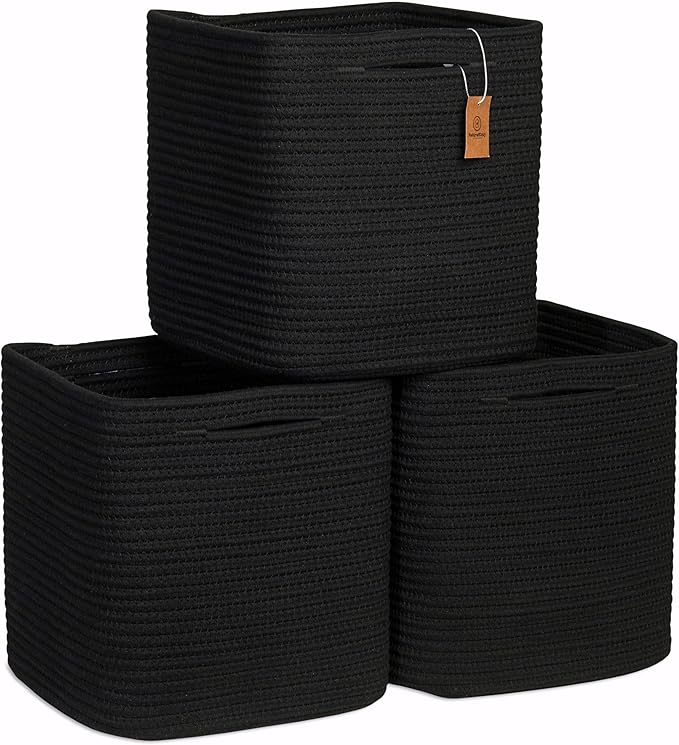 NaturalCozy Storage Cubes 11 Inch Cotton Rope Woven Baskets for Organizing, 3-Pack | Cube Storage Bin | Square Storage Basket