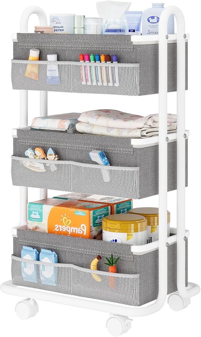 3-Tier Baby Diaper Caddy Organizer Cart, Mobile Nursery Storage Carts with Wheels, 3 Dividers & 6 Mesh Pockets Durable Metal 
