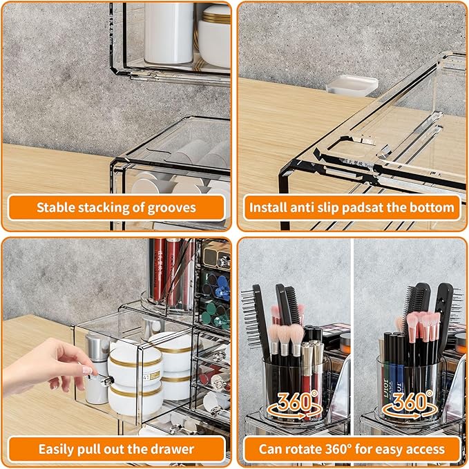 Clear Acrylic Makeup Organizers for Vanity,Countertop,3 Pack Make up Drawer Organizer With Makeup Brush Holder,Plastic Skinca