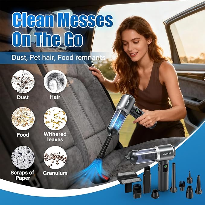 WUDOO 4-in-1 Car Vacuum Cleaner Portable Cordless Dust Remover 20,000 Pa Brushless Motor Powerful Handheld Wireless Charging 