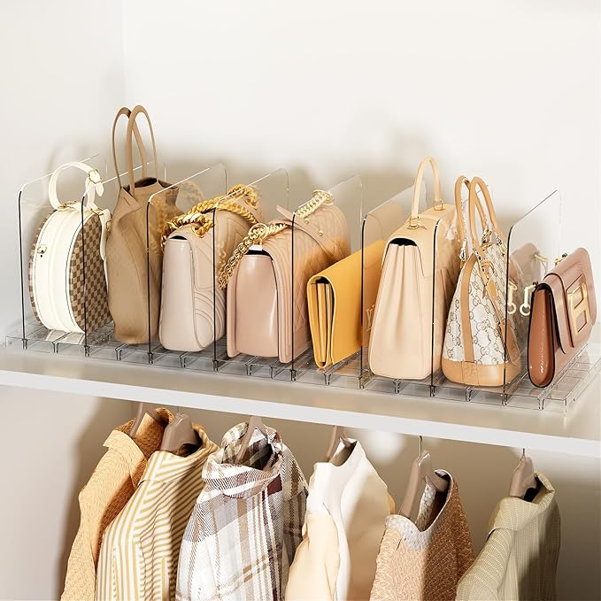 Stackable Bag & Purse Organizer for Closet Acrylic Shelf Dividers for Closet Organization, Clear Handbag Purse Storage Organi