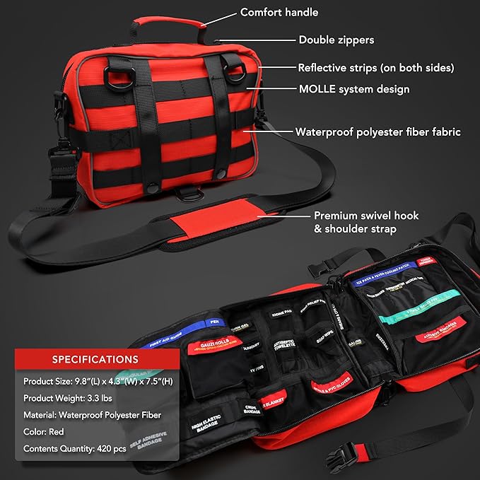 430 Piece First Aid Kit, Well-Organized Premium Waterproof Compact Trauma Medical Kits for Any Emergencies, Ideal for Home, O