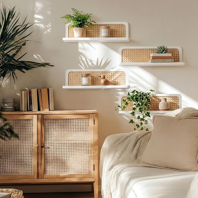 Kathfly Floating Shelves for Wall Set of 4 Mounted Rustic Boho Rattan Wood Wall Shelves for Bathroom Bedroom Living Room Kitc