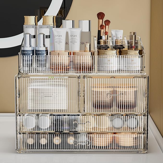 ZHIAI Stackable Storage Drawers, Acrylic Bathroom Counter Organizer Clear Makeup Organizers for Vanity, Kitchen Cabinets, Bat