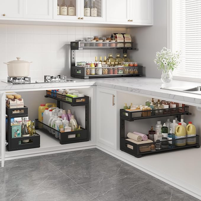 1 Pack 20.47IN Depth Under Sink Storage Organizer, Large 2-Tier Elegant Mesh Pull Out Shelf for Kitchen and Bathroom Cabinet 