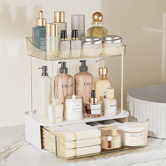 Delamu 3-Tier Bathroom Counter Organizer with Drawer, Multi-Purpose Makeup Organizer Countertop for Vanity, Large Cosmetic Di