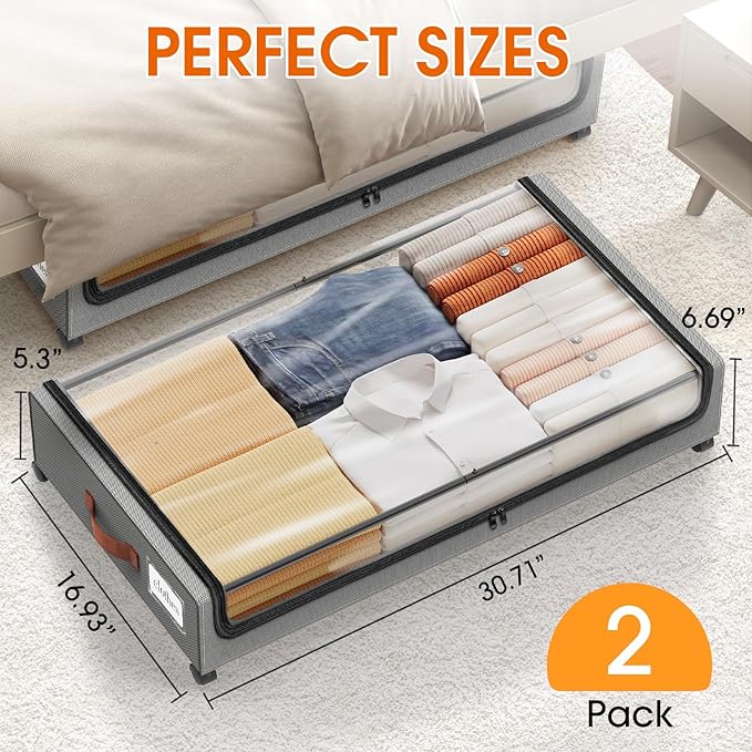 Under Bed Storage with Wheels 2Pack Underbed Storage with Clear Window&Label Under Bed Drawers Large Capacity Rolling Under B