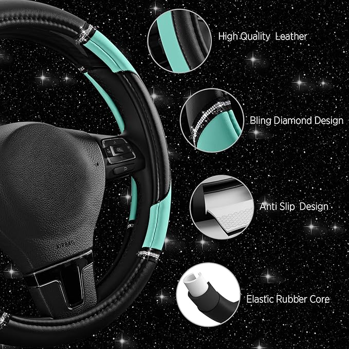 Road Comforts Leather Steering Wheel Cover - Made with PVC Leather - Anti-Slip, Universal Fit 14 1/2 inches to 15 inches - Mi