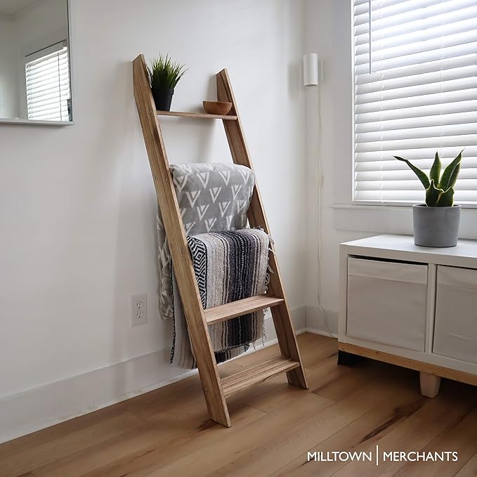 Milltown Merchants Rustic Blanket Ladder - Leaning Towel Rack for Living Room and Bedroom - Wood Holder for Throws (Driftwood