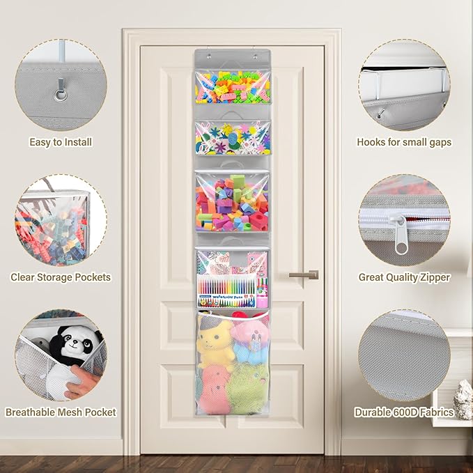 Woodoulogy Hanging Toy Storage over Door, Block Stuffed Animal Organizer Idea with 4 Removable Case Bag, Bi-Fold Closet Holde