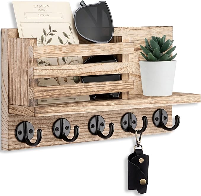 Lwenki Key Holder for Wall – Decorative Wooden Mail Holder and Key Shelf with Mounting Hardware, Installation Guide – Paulown