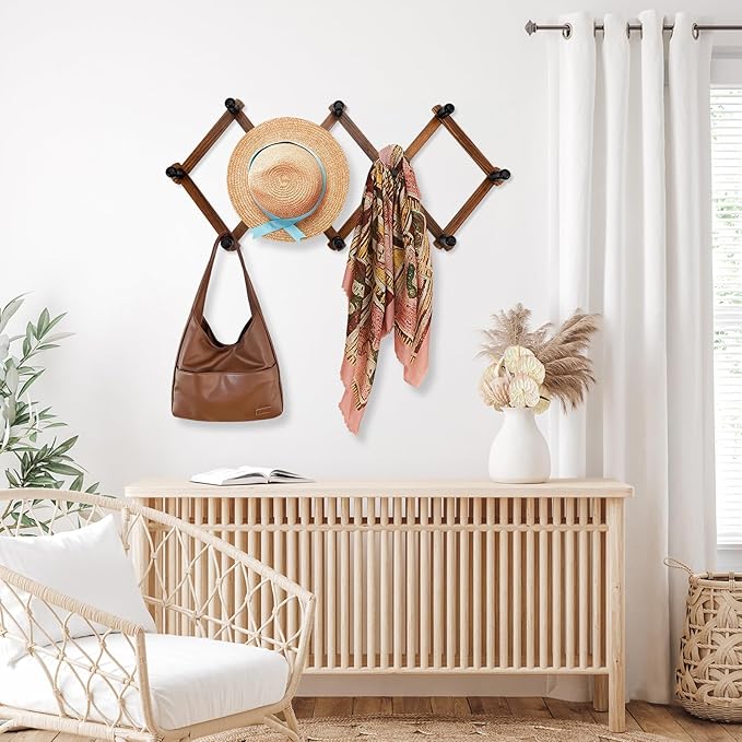 Accordion Wall Hanger, Wood Expandable Wall Mounted Hanger with 10 Hooks for Coats,Hats,Coffee Mug Ect,1 Pack Included, 10 Pe