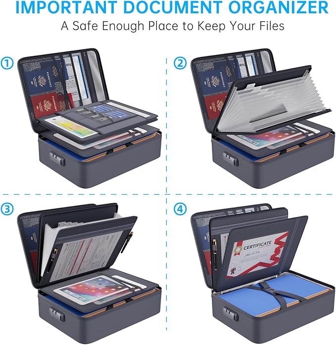ENGPOW 5200℉ Fireproof File Organizer Bag with 13 Pocket Accordion File Folder,Document Organizer Box with Lock&Labels,Multi-
