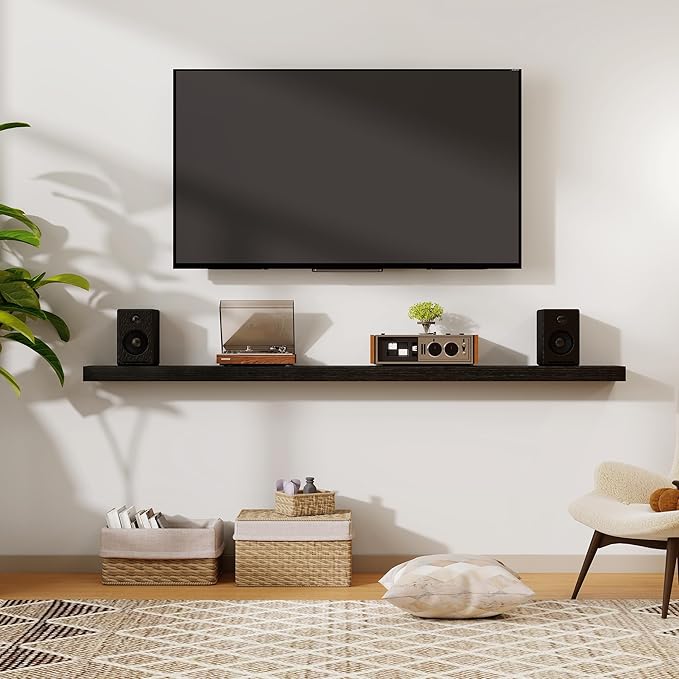 55 Inch Floating Shelves | 6.5 Inch Deep Black Floating Shelves Set of 2 | 55" W x 6.5" D Rustic Black Wood Wall Shelves with