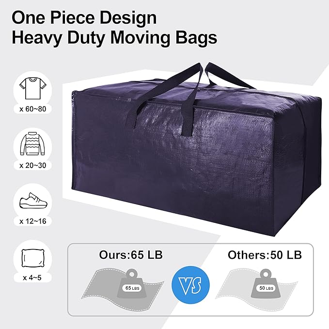 VELVETSURE Heavy Duty Extra Large Moving Bags W/Backpack Straps - Strong Handles & Zippers, Storage Totes For Space Saving, F
