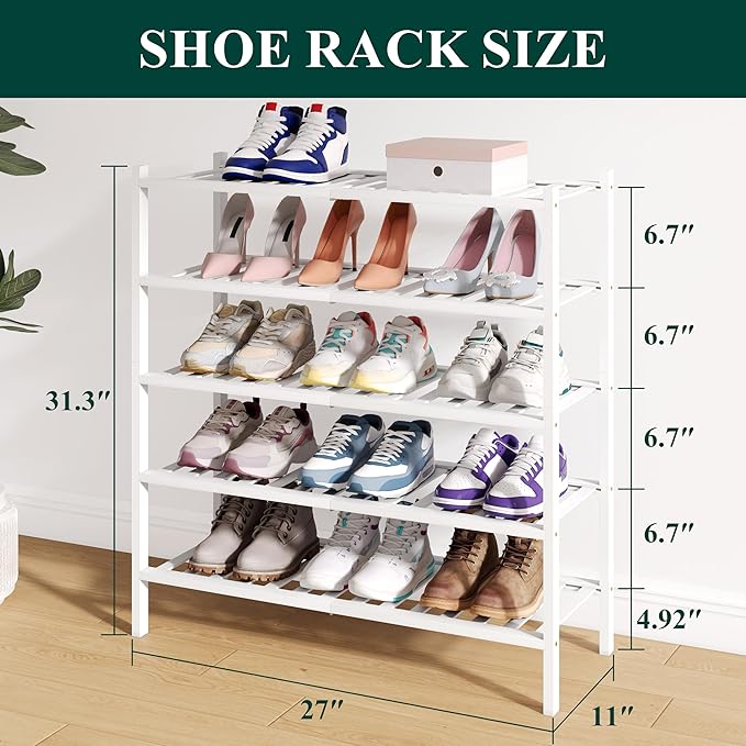 Smiry Bamboo Shoe Rack for Closet, 5 Tier Wooden Stackable Shoe Organizer, Free Standing Shoes Storage Shelf for Entryway, Fr