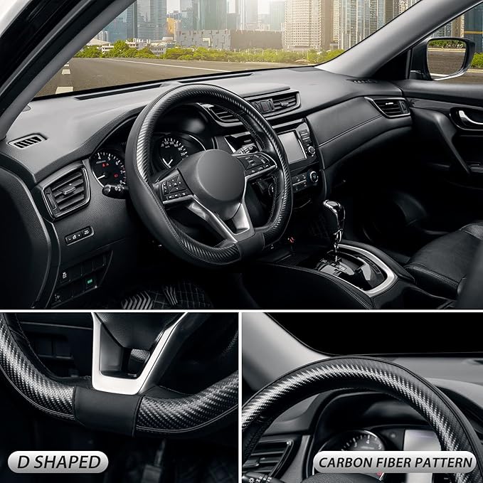 SEG Direct Flat Bottom Steering Wheel Cover Carbon Fiber, D Shaped Car Wheel Cover 14 1/2-15 in. (37-39 cm), Black Microfiber