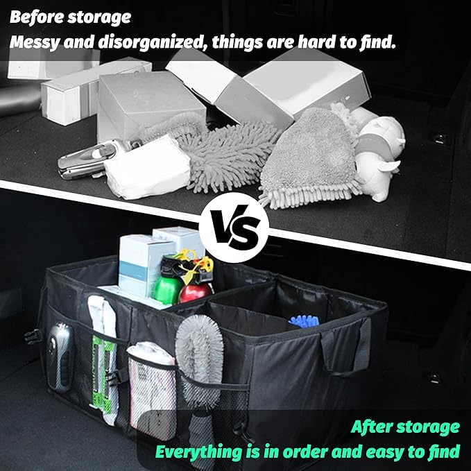 Car Trunk Organizer, Waterproof Adjustable Vehicle Storage Box, Automotive Collapsible Multi Compartment Organization Container