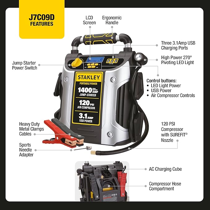Stanley J7C09D 1400 Peak Amp Automotive Jump Starter, Portable Power - Triple 15W USB Ports, 120 PSI Air Compressor for