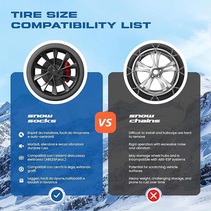 Snow Socks for Tires, Winter Traction Alternative to Snow Chains, Emergency Anti-Slip Tire Covers for Cars/SUVs/Trucks, Reusa