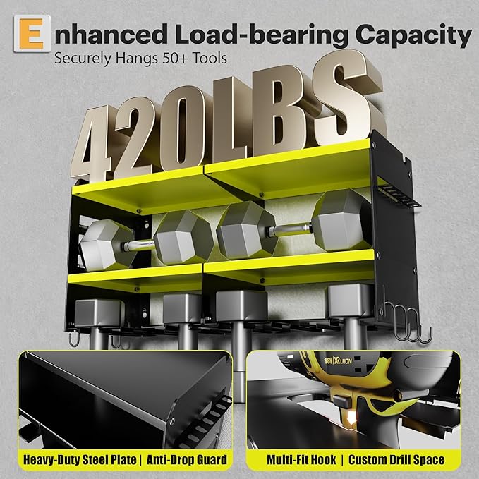 Spampur Power Tool Organizer, 15 Min Quick Assembly & Max 420lb Load by Heavy Duty Metal, 6 Slots for Cordless Drill with 4 O