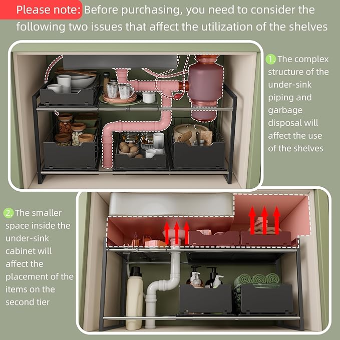 NETEL Adjustable Under Sink Organizers and Storage,Expandable Cabinet Storage Shelf with 4 Pull Out Baskets