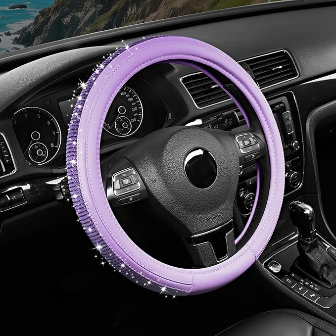 Road Comforts Bling Steering Wheel Cover – Purple Diamond Design, Universal Fit 14.5-15 Inch, Microfiber Leather, Anti-Slip &
