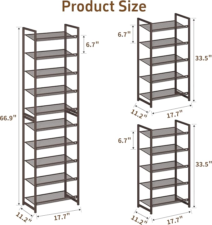 10 Tier Shoe Rack, Tall Metal Shoe Storage with Adjustable Shelves, Holds 20-25 Pairs, Stackable Shoe Stand for Garage Hallwa