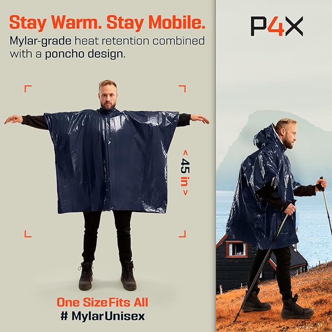 PREPARED4X Emergency Mylar Poncho – Survival Rain Poncho with Hood – Lightweight, Compact, Reusable Emergency Blanket Poncho 