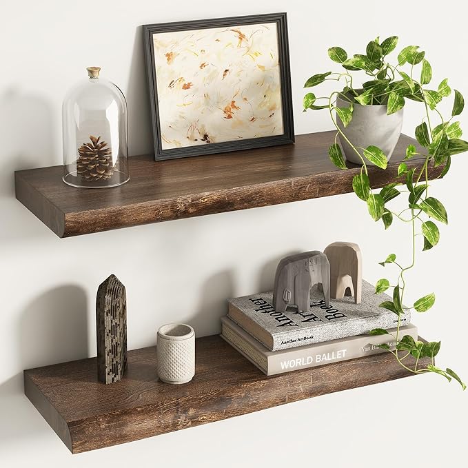 Live Edge Elm Floating Shelves for Wall Decor, Rustic Solid Wood Shevles Wall Mounted with Invisible Bracket for Living Room 