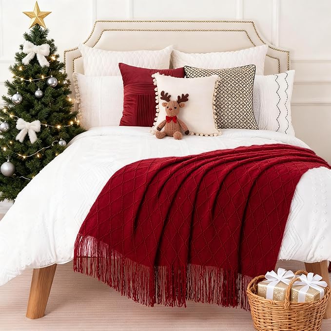 BATTILO HOME Christmas Decor Red Throw Blanket for Couch, Boho Bed Throws for Foot of Bed, Decorative Red Throws for Sofa Liv