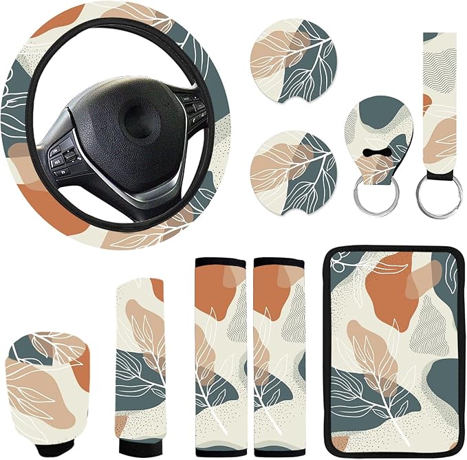 10 PCE Mushrooms Steering Wheel Cover for Women Center Console Armrest Pad Headrest Seat Belt Cover Car Accessories for Women Interior,Car Accessories Set(Abstract Leaf)