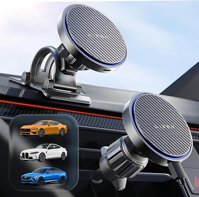 LISEN 15W MagSafe Car Mount Charger,[Racing-Grade Carbon Fiber] Magnetic Wireless Car Charger, Magsafe Car Phone Holder Charger for iPhone 17 16 15 14 13 12, Pixel 10, BMW Accessories, Gifts for Men