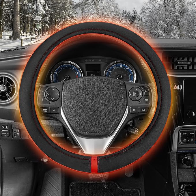 Motor Trend WarmGrip Heated Steering Wheel Cover – Hand Warming Steering Wheel Protector, Heats up Quickly - Fits Wheels 14.5-15.5" for Car Truck Van SUV (Black/Gray Color)