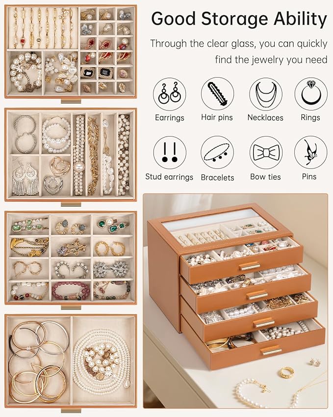 AKOZLIN Jewelry Box with Clear Lid Functional Leather Jewelry Storage Organizer Case 4 Drawers for Women Girls Necklace Ring 