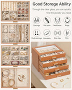 AKOZLIN Jewelry Box with Clear Lid Functional Leather Jewelry Storage Organizer Case 4 Drawers for Women Girls Necklace Ring 