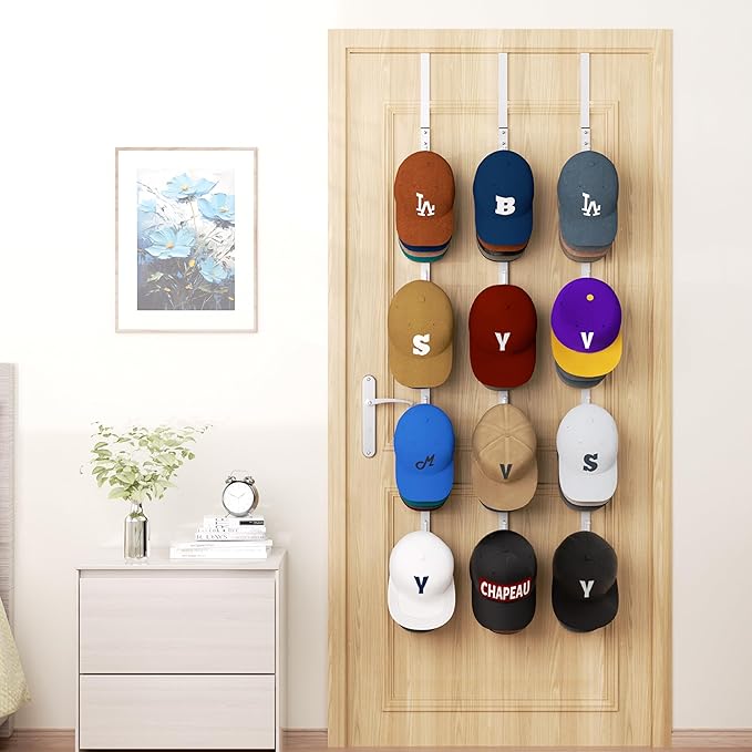 HapiRm Over Door Hat Rack - 3 Packs Hat Organizer with 12 Hooks Design, Hanging Baseball Cap Organizer Storage Holds Up to 60